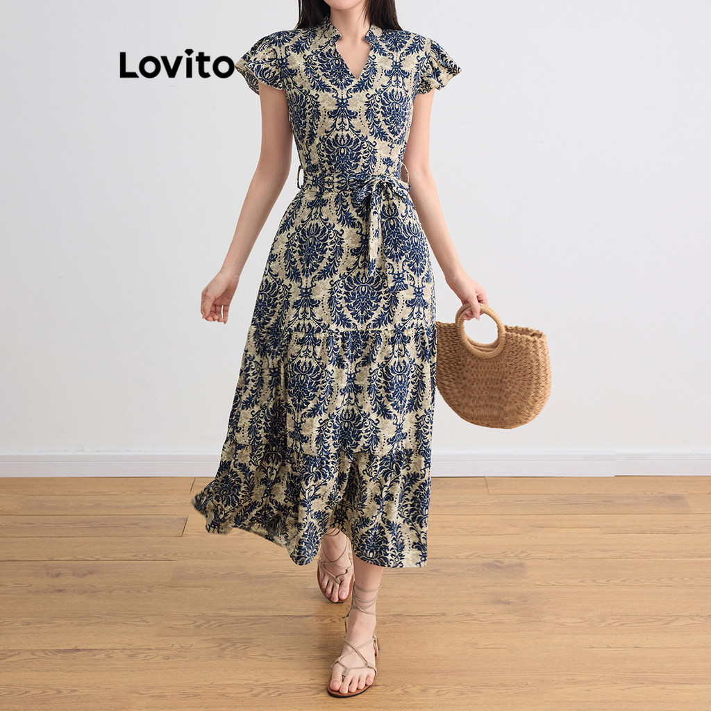 Lovito เดรสผู้หญิง พิมพ์ลายชนเผ่า ชายระบาย สไตล์ลำลอง L105MD093