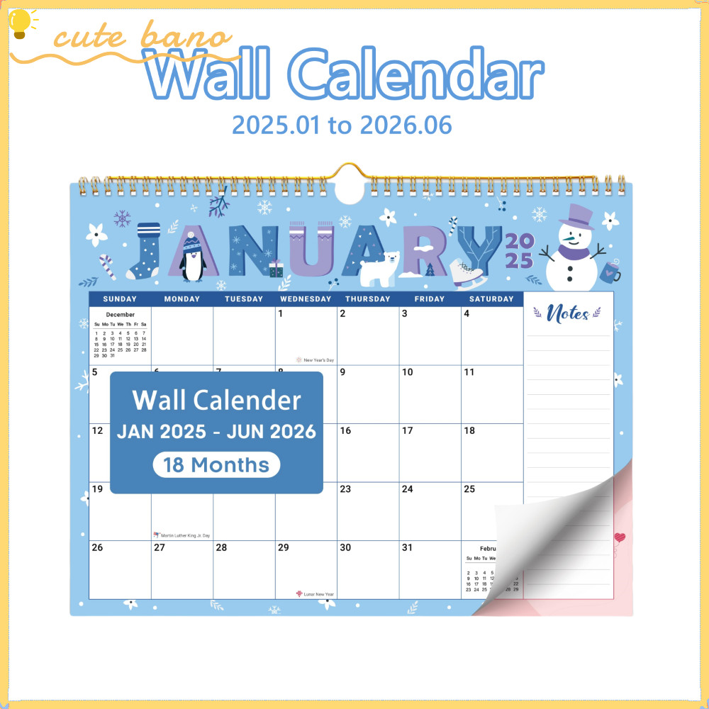 BANO Wall Calendar, 2025 ถึงมิถุนายน 2026 18 ปฏิทินแขวนรายเดือน, กระดาษหนาตามฤดูกาลน่ารัก Wall Plann