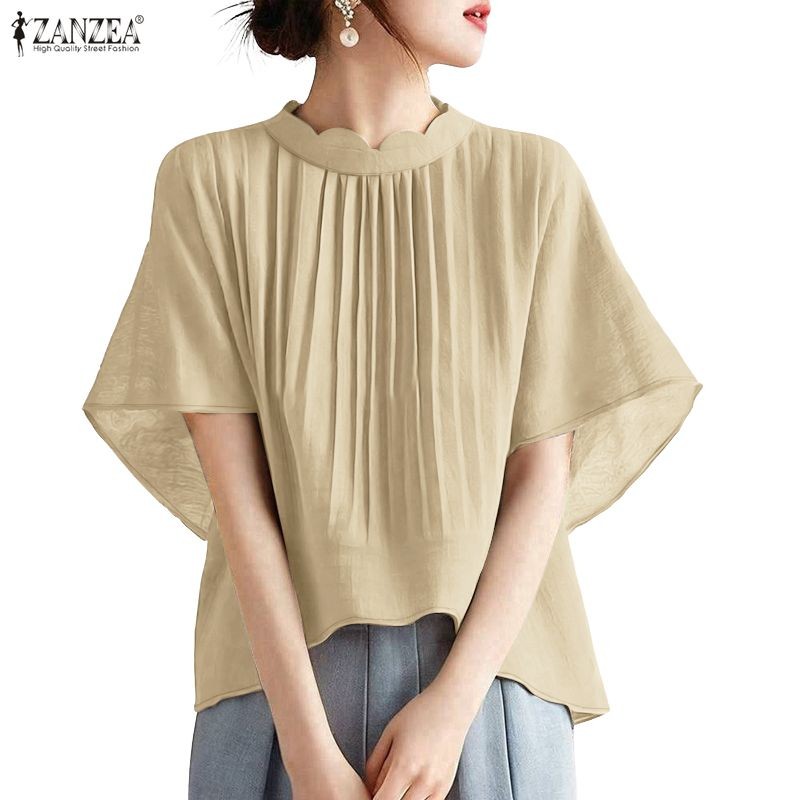 ZANZEA ซานเซีย สไตล์เกาหลีสำหรับผู้หญิง เสื้อยืนปกแขนสั้นสีทึบ ใส่สบาย