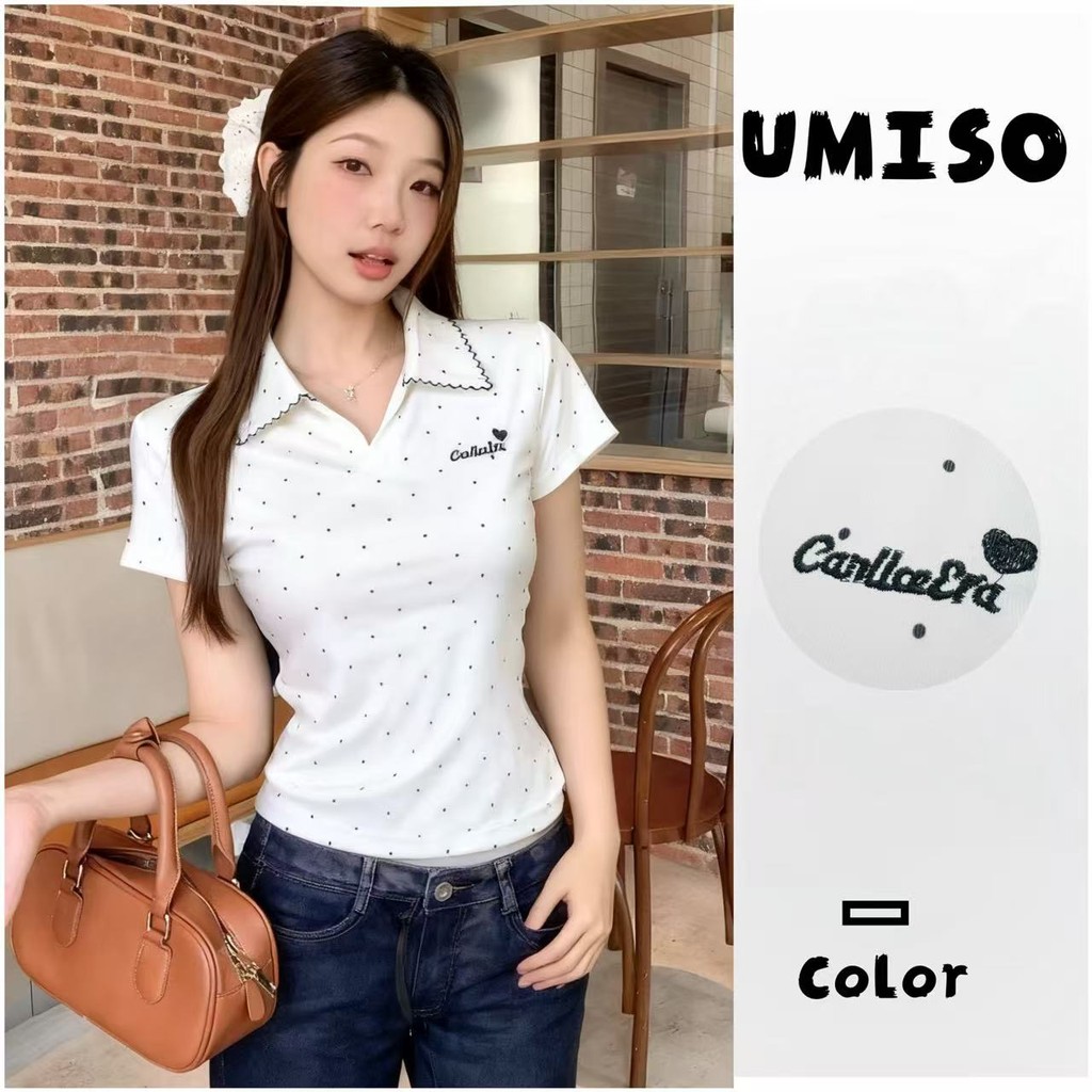 พร้อมส่งจากกทม ปักเสื้อยืดแขนสั้นคอปก รวมเสื้อลายจุด มินิมอล เสื้อยืดเบสิคปัก สไตล์เกาหลี UMISO