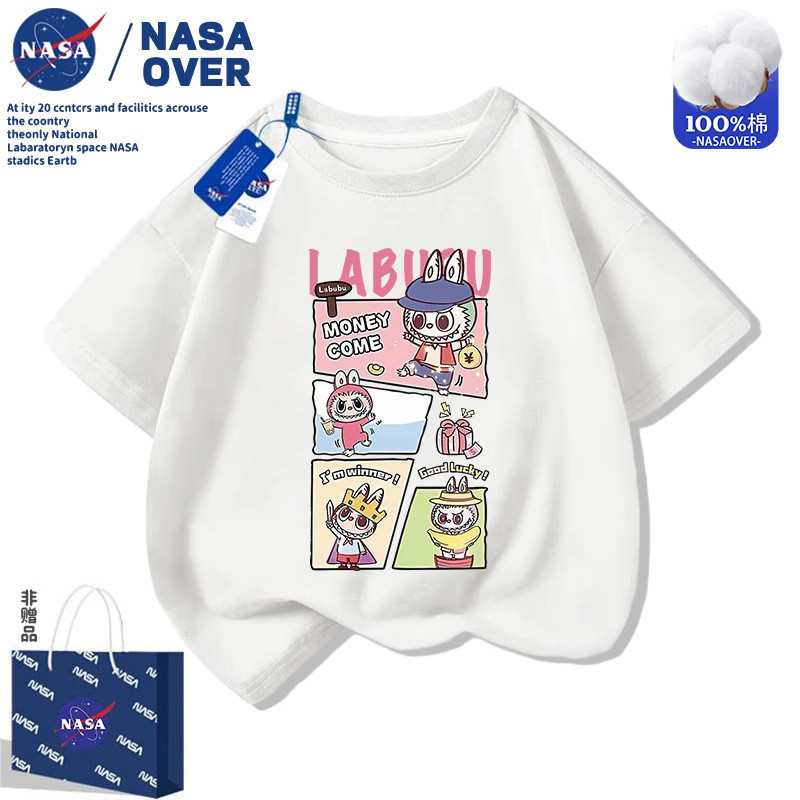 NASA เด็ก Labubu labubu ฤดูร้อนแขนสั้นชายหญิงเสื้อผ้าเด็ก All-Match รอบคอการ์ตูนหลวมเสื้อยืด NASA เด