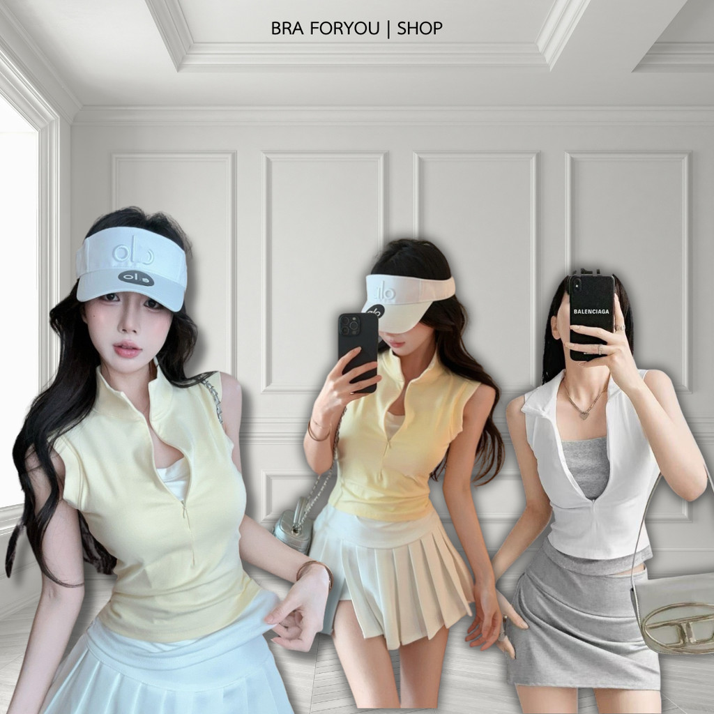 เสื้อกล้ามซิปหน้า (33036) สไตล์เสื้อกอลฟ์ เนื้อผ้าฝ้าย แขนกุด 2ชิ้นติดกับเสื้อ คอปก แฟชั่น