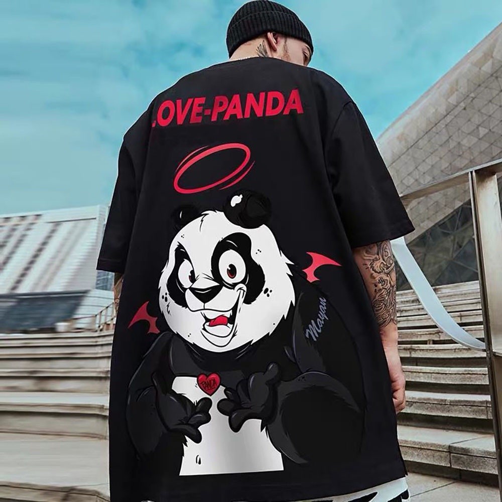เสื้อยืด Santai Lelaki: แขนขาสั้น 100% คอรักแพนด้า Iblis