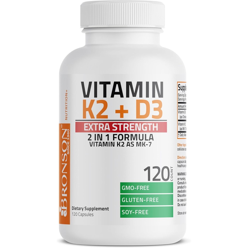 Bronson Vitamin K2 (MK7) พร้อม D3 เสริมความแข็งแกร่งเป็นพิเศษ สุขภาพกระดูกและหัวใจ สูตรไม่จีเอ็มโอ 1