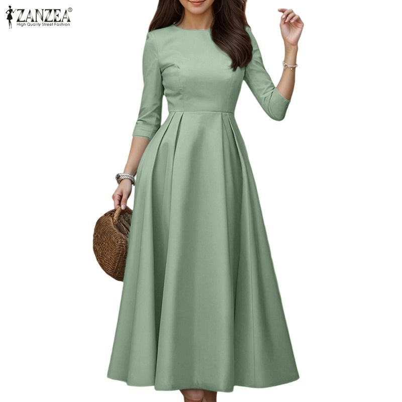 ZANZEA ชุดเดรสแฟชั่นสตรี คอกระโปรง แขนสามส่วน ทรง A-line