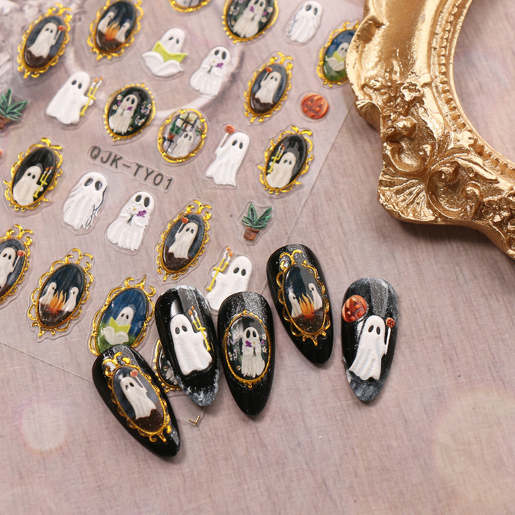 HAMA NAIL 5D นูนเล็บสติกเกอร์ขายส่งน่ารักการ์ตูนฮาโลวีนประณีต Little Ghost ฟักทองภาษาฝรั่งเศสคําตกแต่งเล็บทองนูนสติกเกอร์น้ํามัน Decals Holiday เล็บ - รูปที่ 4