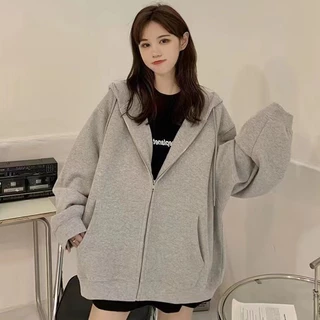 เทรนใหม่2026เสื้อกันหนาวสีพื้นหญิง เสื้อคลุมหญิง เสื้อแจ็คเก็ตแขนยาว มีซิป มีฮู้ด
