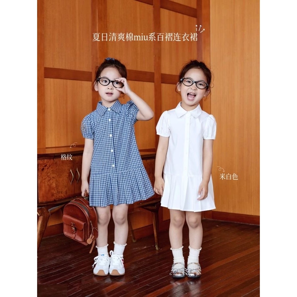 ✨JoyKids✨ เสื้อเชิ้ตเดรสเด็กหญิงแขนสั้นลายตาหมากรุก คอปกสไตล์เรียบง่าย เนื้อผ้าลมผ่าน