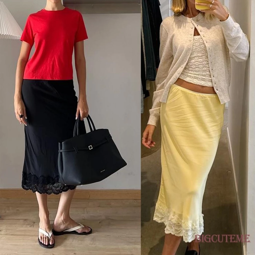 【ส่งจากไทย】กระโปรงยาวทรงตรงทำจากผ้าซาติน มีลายตัดละเอียด สีทึบสำหรับผู้หญิง
