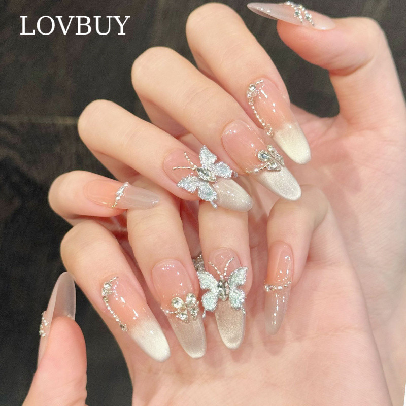 ✨COD✨เล็บผีเสื้อสามมิติ rhinestone เล็บเบาหรูหรายาวทําด้วยมือที่สวมใส่ได้เล็บที่สวมใส่ได้สามารถถอดออกได้