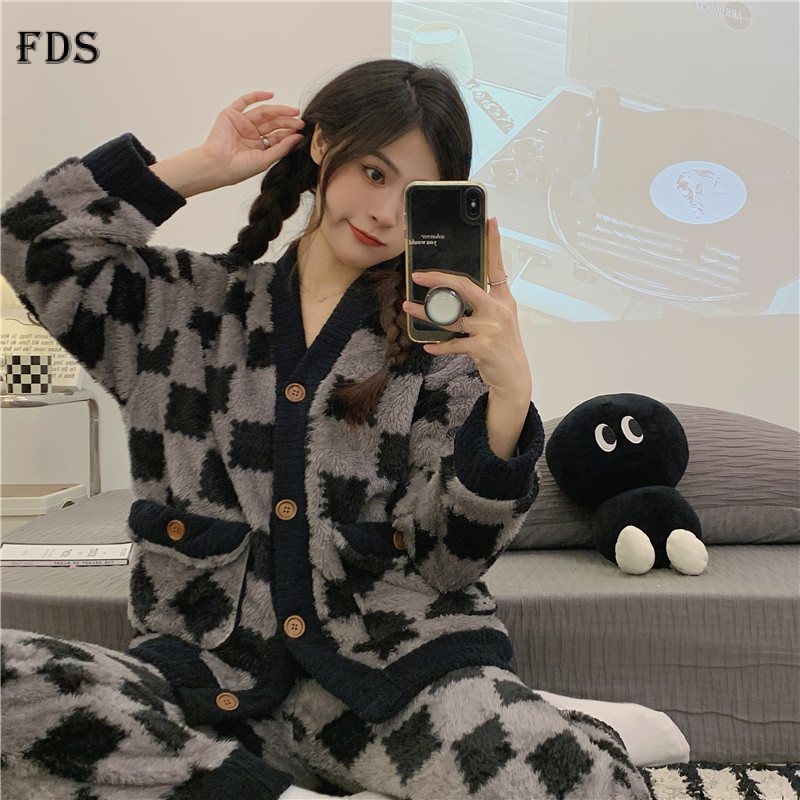 FDS ขนแกะหนาฤดูใบไม้ร่วงฤดูหนาวเสื้อสเวตเตอร์ถักหนาชุดนอนสตรี V คอสีดําสีเทาลายสก๊อตเสื้อสเวตเตอร์ถั