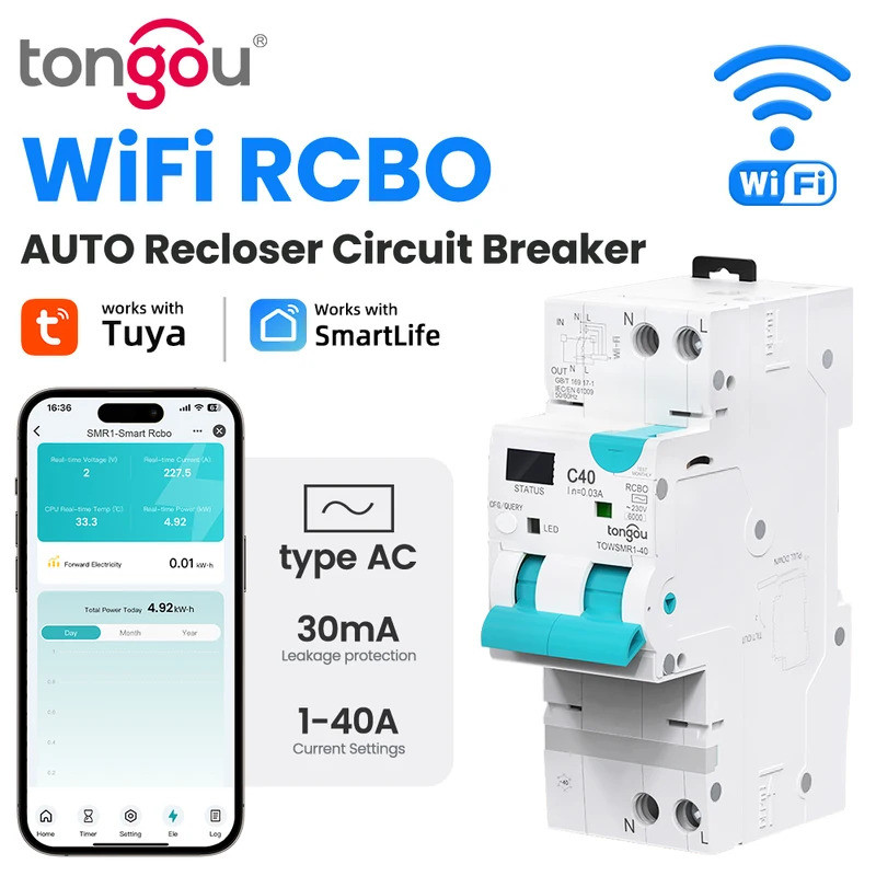 TUYA WIFI RCBO LED ปรับสมาร์ท Circuit Breaker Residual Current Circuit Breaker ที่มีกระแสเกินและป้อง