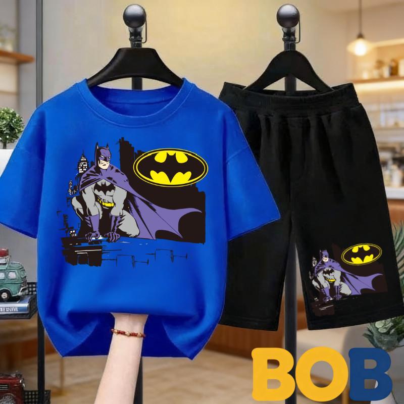 [COD]2ชิ้น BOB ชุดเสื้อผ้าเด็ก มาร์เวล แบทแมน แขนสั้น ผสมฝ้าย ฮีโร่ สำหรับเด็กผู้ชาย#8+（ชุดเสื้อยืดและกางเกงสั้นเด็ก）New