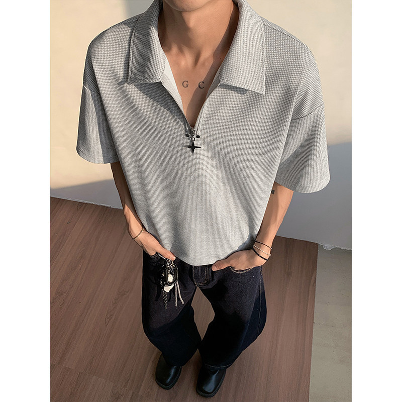 2026 Summer Street Wear High Street Waffle Half Zipper เสื้อยืดแขนสั้นชาย T5130