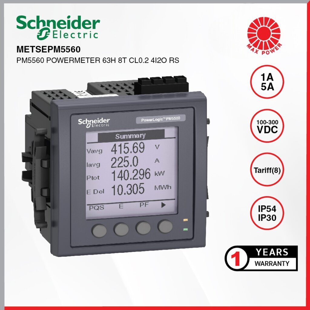 METSEPM5560 : Power Meter Class 0.2S RS485 Modbus RTU Harmonic (Up to 63rd) 4DI/2DO 8 Tariffs Schnei