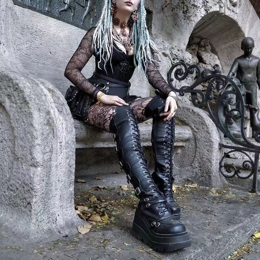 Demonia9.5 ซม.หนาSoledรองเท้าGothic Wedge Over-the-Kneeรองเท้าผู้หญิงDarkอารมณ์สาวร้อนรองเท้า2026061