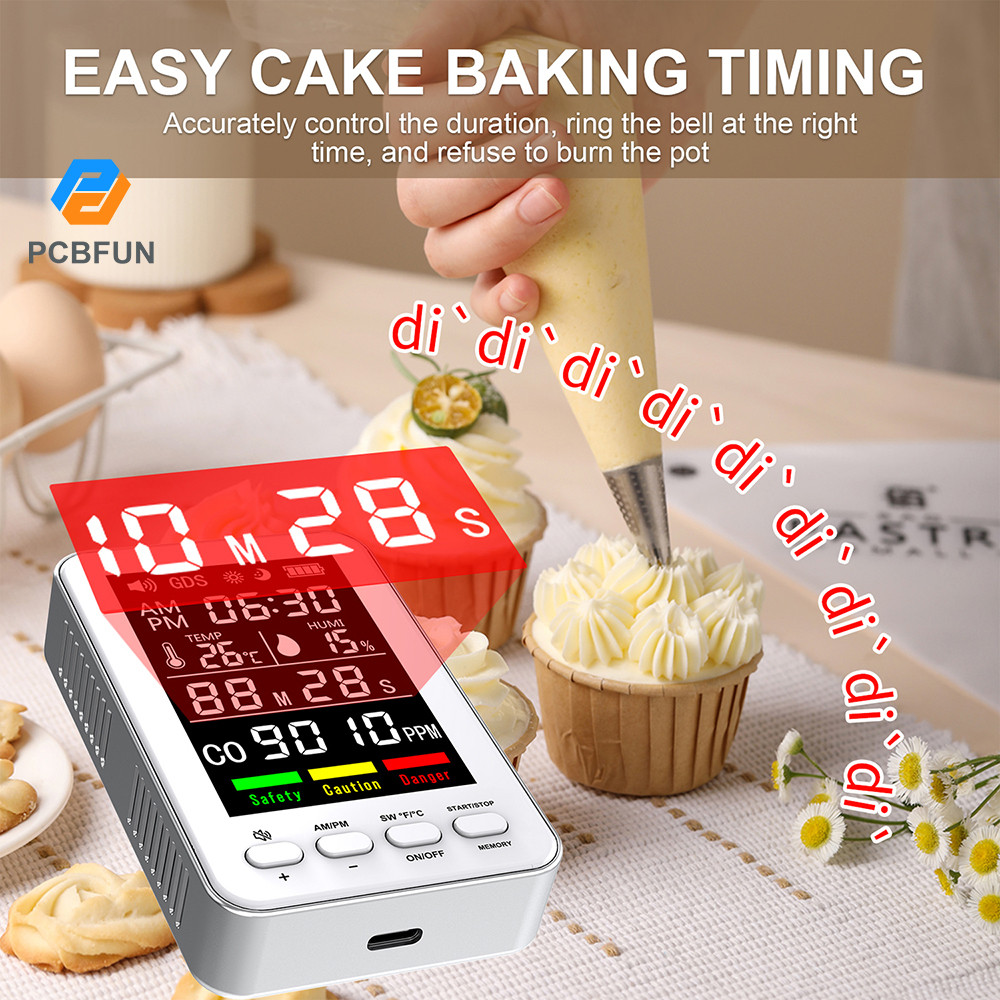 Pcbfun นาฬิกาปลุกคาร์บอนมอนอกไซด์แบบพกพา 5-in-1 พร้อมเซ็นเซอร์อุณหภูมิและความชื้นและจอภาพคุณภาพอากาศ (พอร์ต Type-C)