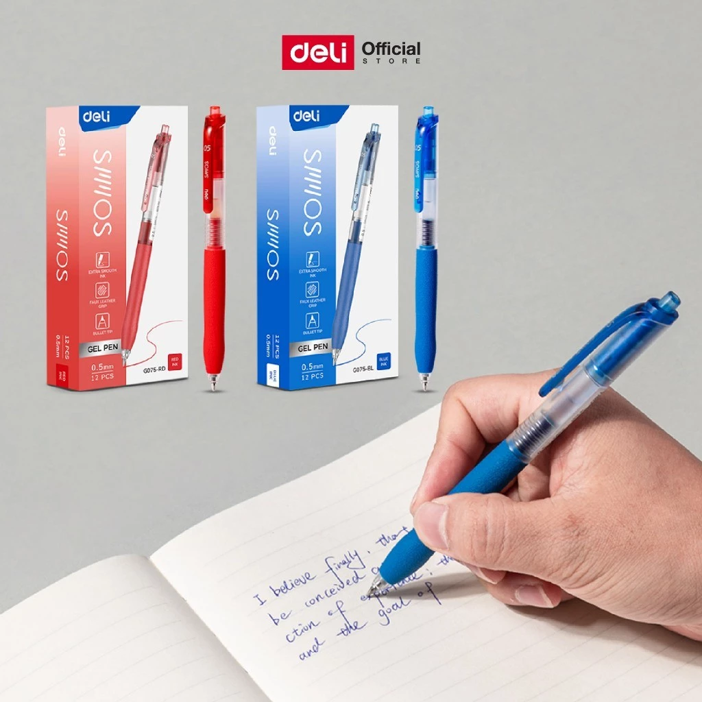 ปากกาเจลแบบกด 0.5mm Deli รุ่น G075 มีปลอก หมึกลื่น (หมึกน้ำเงิน/หมึกแดง)(จำหน่าย 1 ด้าม)