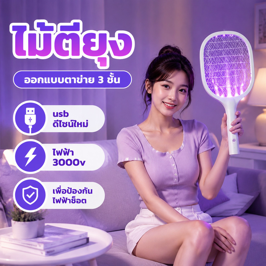 ไม้ช็อตยุงไฟฟ้า ที่ดักยุงไม้ตียุงไฟฟ้า นวัตกรรมเพียงหนึ่งเดียว 2in1 ไฟล่อยุงแสงสีม่วง พร้อมสายUSBแท่นวาง