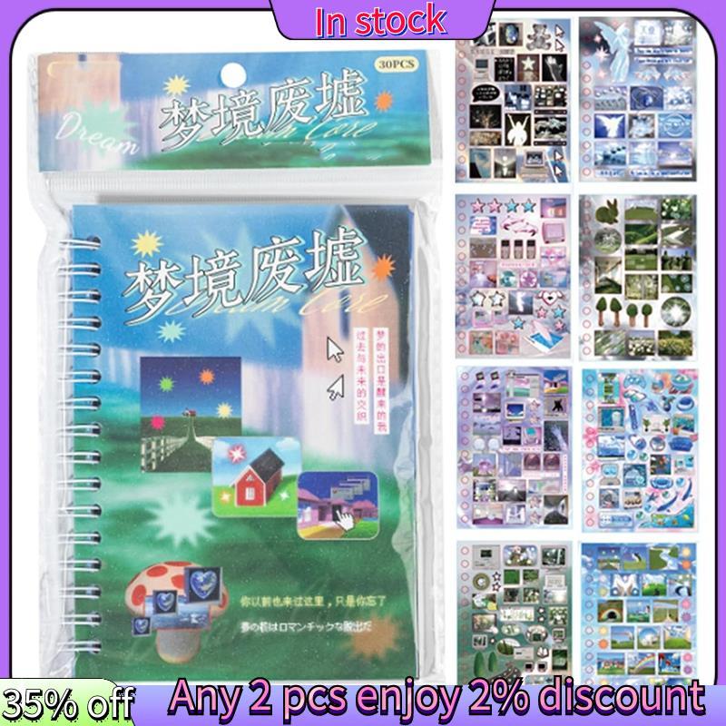 ในสต็อก-Dreaming of Retro Style Sticker Book, 30-Page Japanese Retro Dreamcore Sticker with Frosted Glitter, B