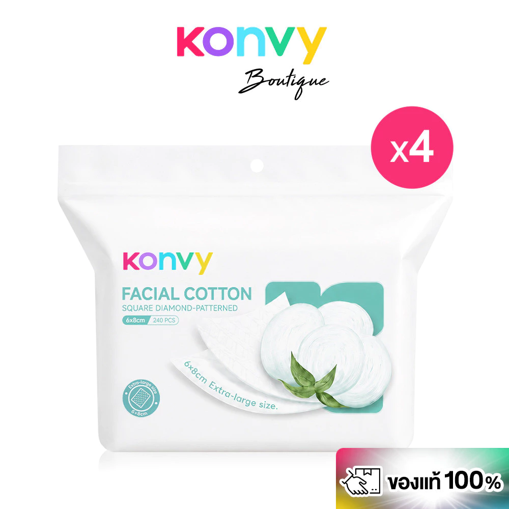 [แพ็ค 4 ชิ้น] Konvy Facial Cotton คอนวี่ สำลีแผ่นสำหรับเช็ดหน้า 240 แผ่น.