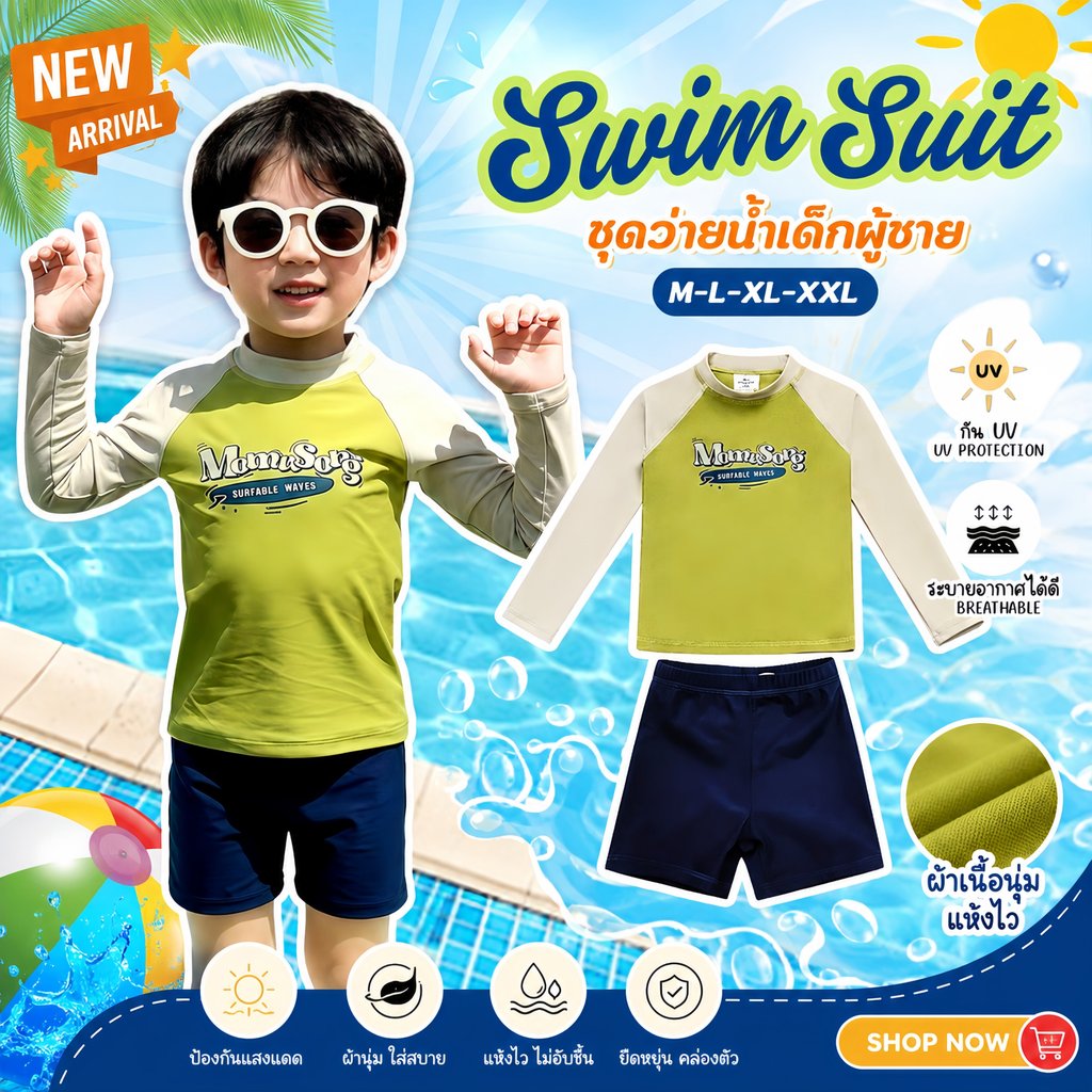 BABY BEACH ชุดว่ายน้ำเด็กผู้ชาย แขนยาวกันแดด 2 ชิ้น พร้อมกางเกง กัน UV แห้งไว ผ้ายืดนุ่ม ใส่สบาย 💚มีไซส์ M L XL XXL Y078
