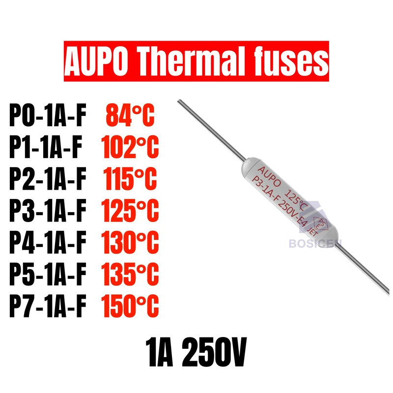 100 ชิ้น AUPO 1A 250V JET P0/P2/P3/P4/P5/P7-1A-F 84/102/115/125/130/135/150°C เตาแม่เหล็กไฟฟ้า ฟิวส์