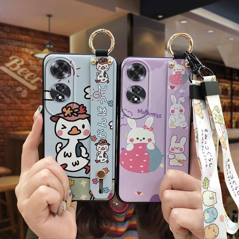 ทนทานป้องกันฝุ่นเคสโทรศัพท์สําหรับ OPPO A60 Anti-knock การ์ตูนกันกระแทกสายรัดข้อมือ Kickstand Lanyard สายรัดข้อมือกันน้ําป้องกันน่ารักซิลิโคน Dirt-proof ผู้ถือโทรศัพท์แหวน