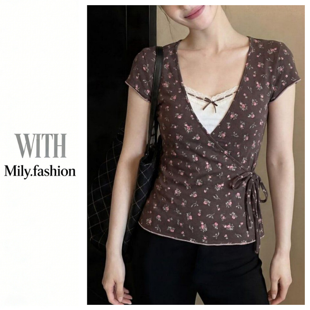 Milyfashion ดอกไม้ปลอมสองชิ้นเสื้อยืดด้านข้าง Tie เอวแคบ V คอ Slim-Fit Slimmer ดูสั้นด้านบนเด็ก tee 