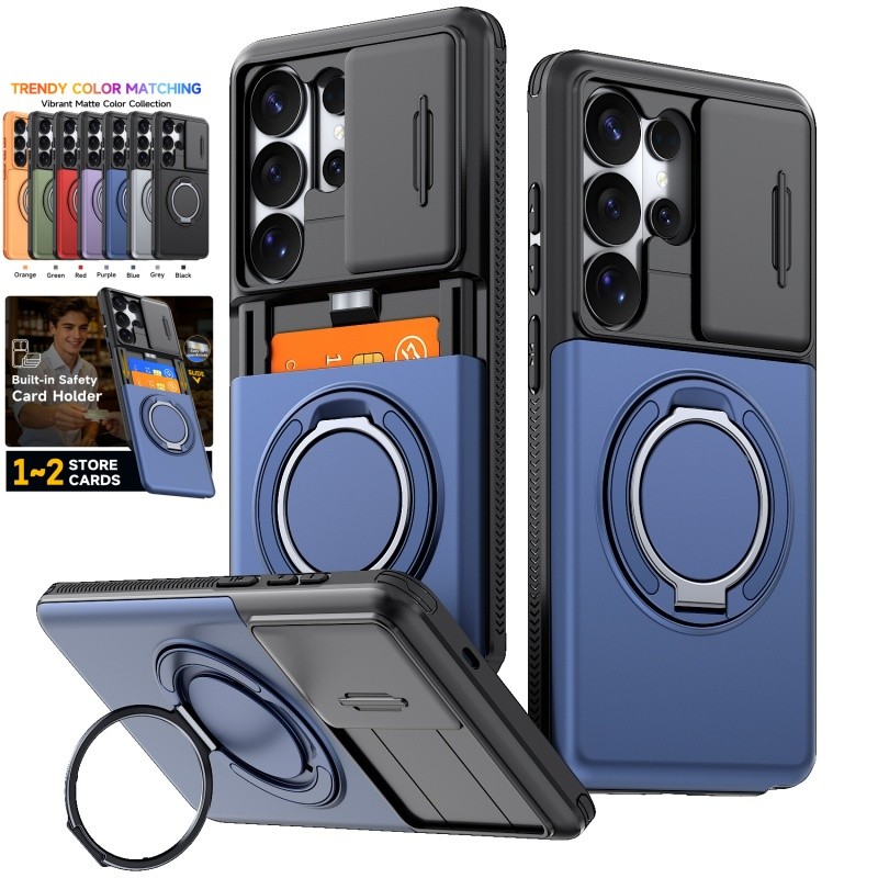 เคสสําหรับงานหนักพร้อมฝาครอบกล้องสไลด์ช่องเสียบการ์ดสําหรับ Samsung Galaxy S26 S25 S24 FE Ultra Plu A57 A56 A36 A26 กรณีพร้อมขาตั้งหมุนได้
