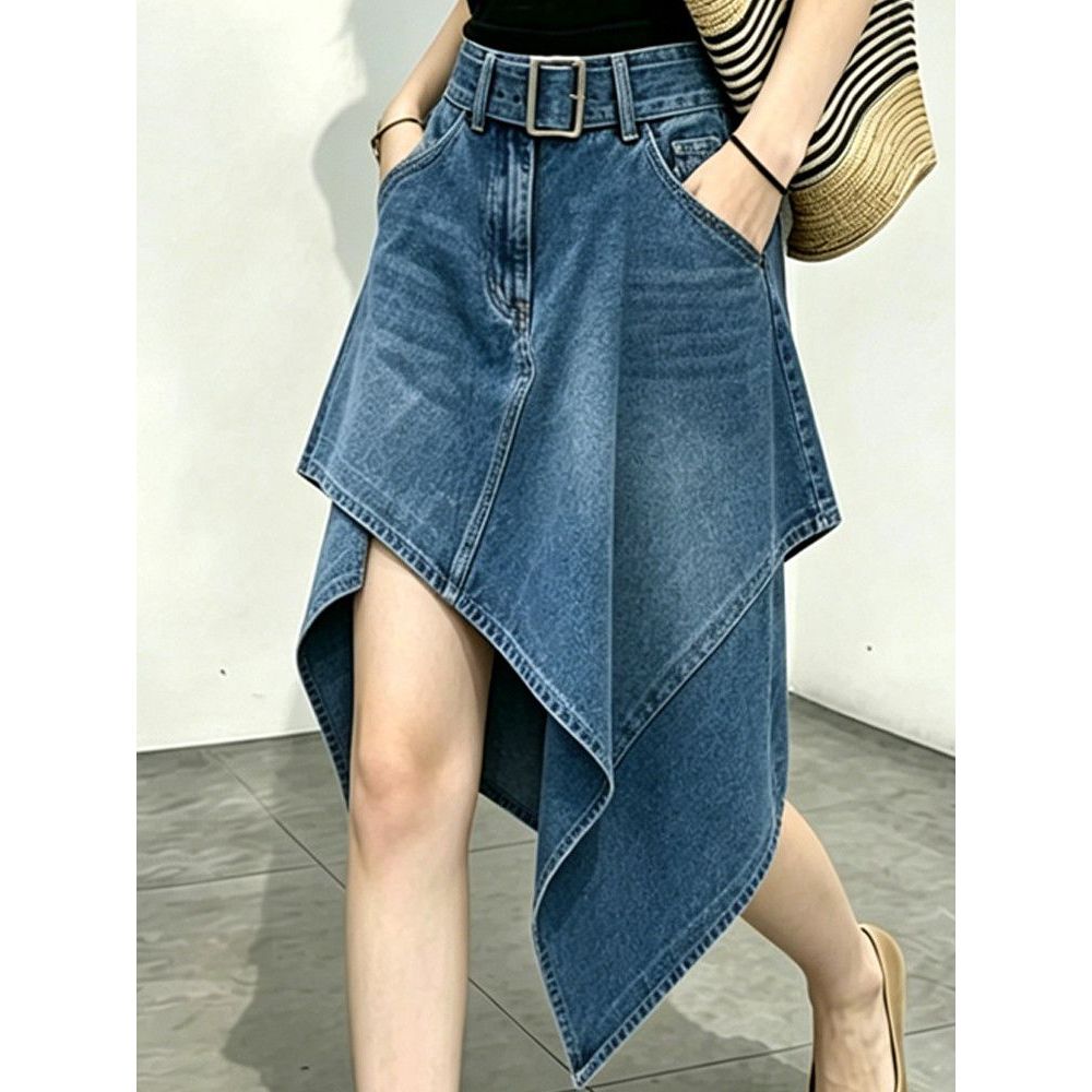 กระโปรงยีนส์ไม่สม่ําเสมอสีน้ําเงินฤดูร้อนสไตล์ใหม่เอวสูง A-Line Slimmer ดูกระโปรงยาวปานกลางคลังสินค้าพร้อม
