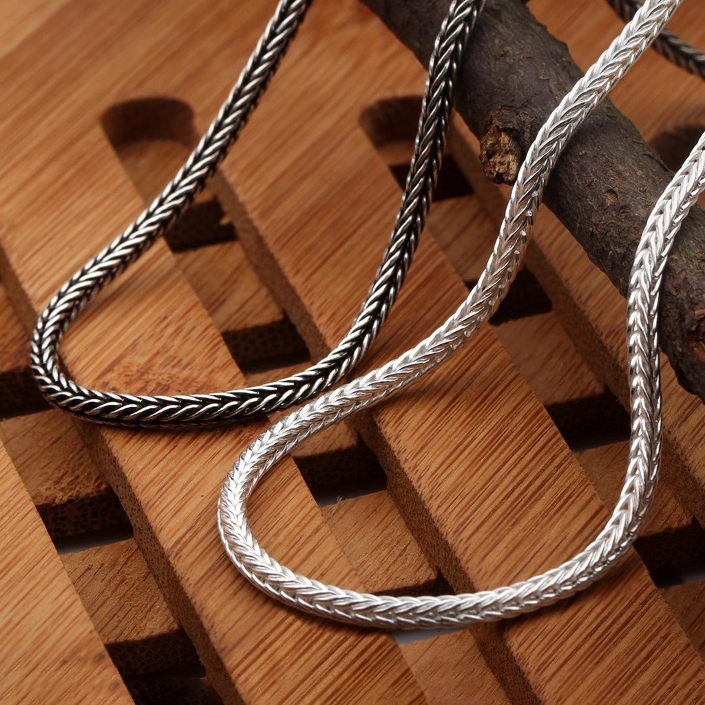Preferred in-stock items#Thai Silver Square Snake Necklace for Men and Women in Pure Silver50-80Centimeter fox tail pendant, versatile sweater chain, long vintage autumn style2606DAILY