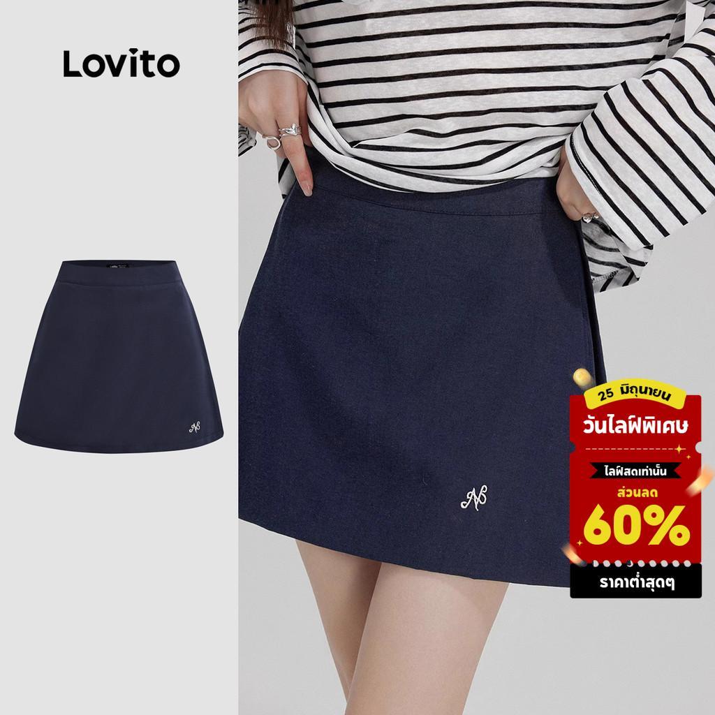 (New) Lovito กางเกงขาสั้นแบบสบายๆ ปักลาย ปลอม 2 in 1 แยกตรงด้านหน้า สำหรับฤดูใบไม้ผลิ/ฤดูร้อน L144AD006