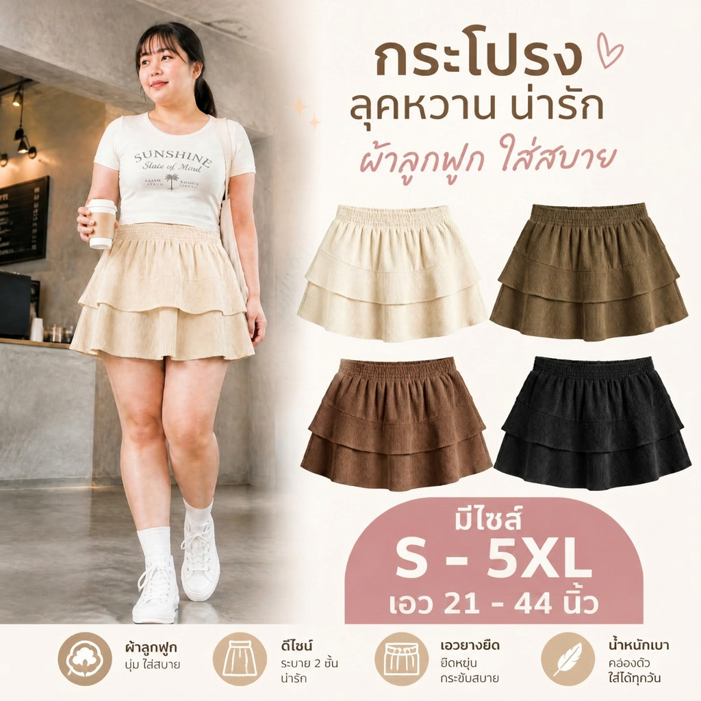 กระโปรงผ้าลูกฟูก ไซส์ใหญ่ มีไซส์ S-5XL เอาใจสาวอวบ แต่งระบายเป็นชั้นๆ สไตล์ Y2K มีซับในกางเกง