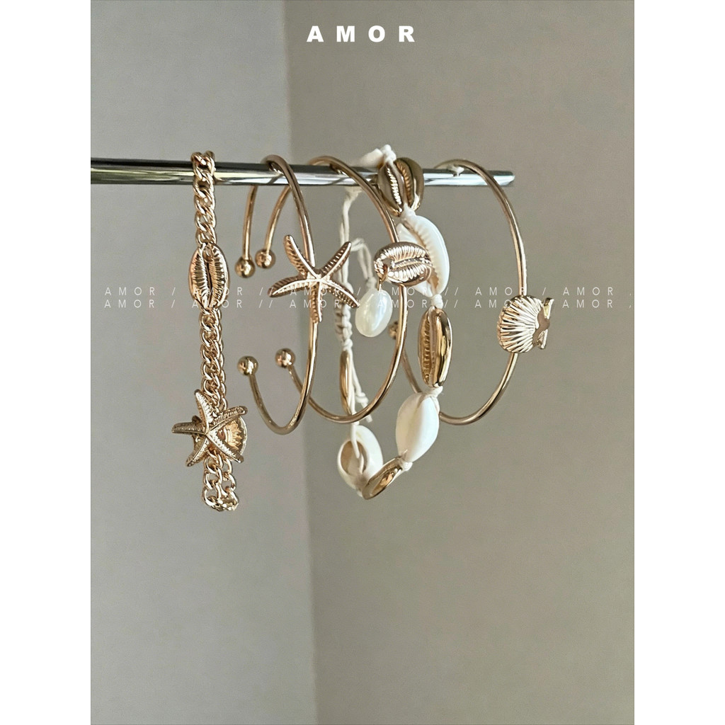 Retro Vintage Bohemian Holiday Wrist Accessory,ปลาดาว & Shell รวมสร้อยข้อมือซ้อนชุดกําไลข้อมือ,Niche Luxuryอินเทรนด์ผู้หญิงริมทะเลวันหยุดอเนกประสงค์เครื่องประดับมือ