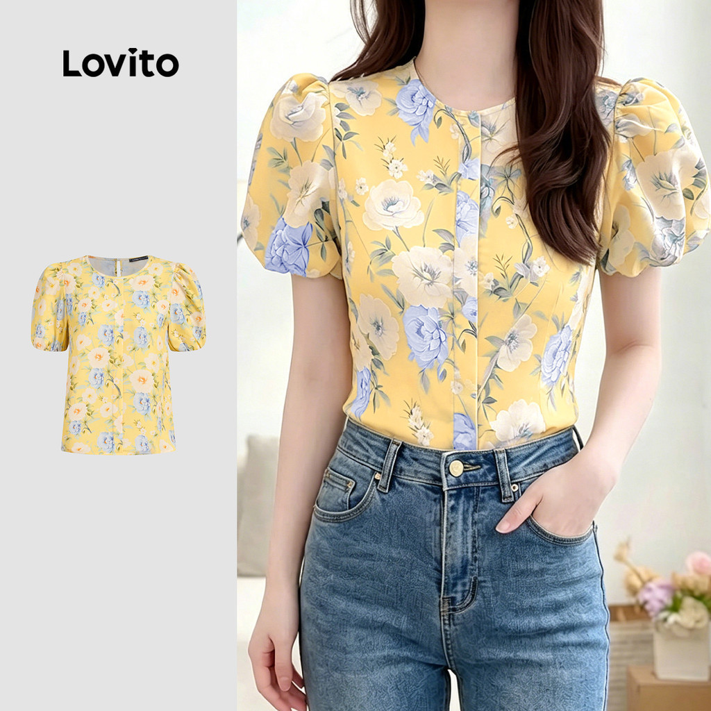 Lovito เสื้อเชิ้ตผู้หญิงลําลอง แขนสั้นจีบ ทรงเบสิค ใส่สบาย สไตล์ฤดูใบไม้ผลิ/ฤดูร้อน L189ED045