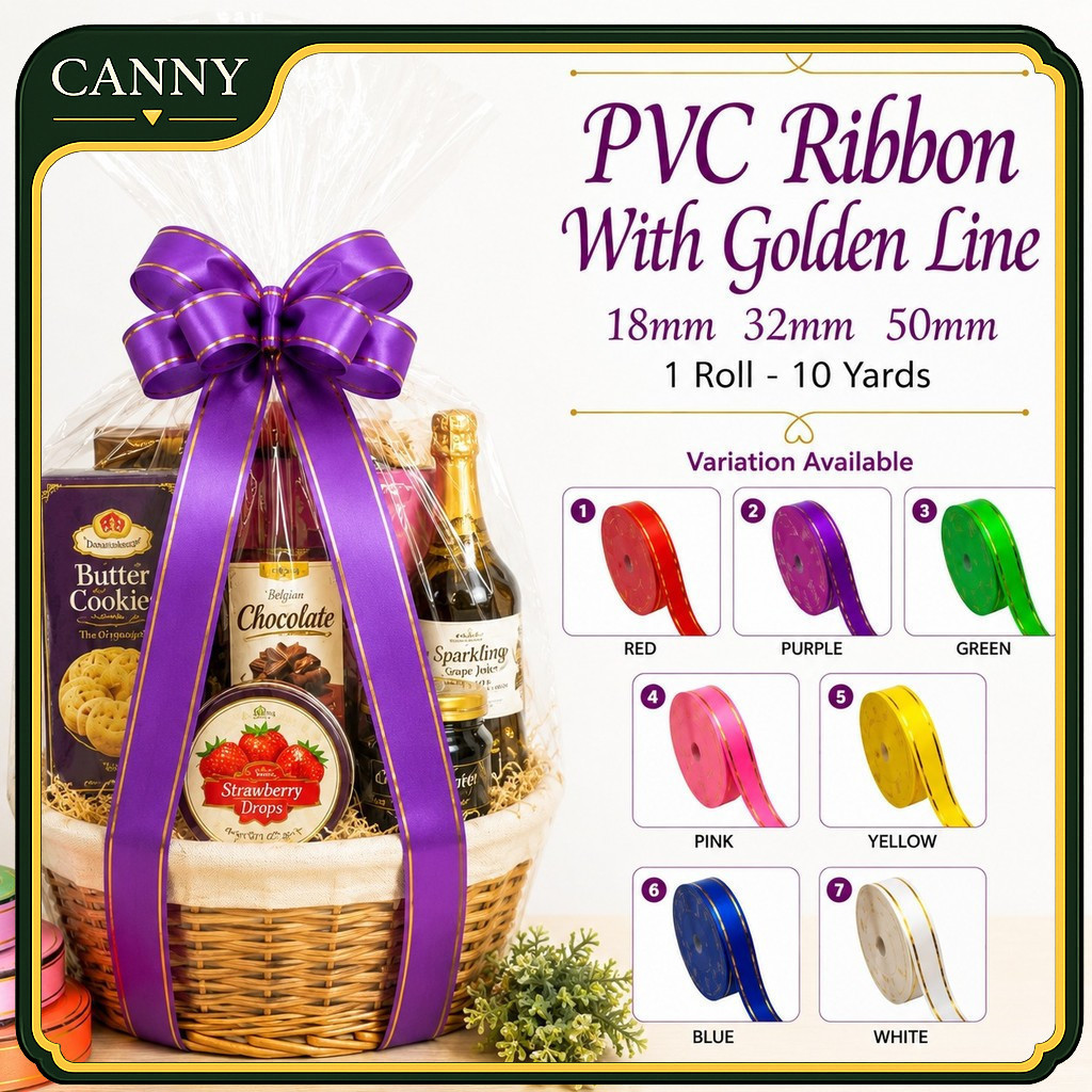 PVC RIBBON GOLD EDGE / RIBBON พร้อมขอบทอง / PACKAGING RIBBON CRAFT - 1ROLL ( 10YARDS )