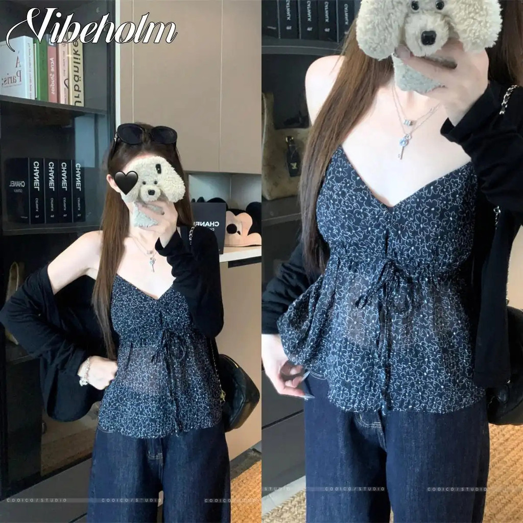 สูททูพีซสุดหรู สไตล์สาวฮอตหวาน สีดํา คาร์ดิแกนแขนยาว.เสื้อคลุมตัวเล็กสไตล์ผู้หญิงฤดูใบไม้ร่วงลายดอกไม้คอวีพร้อมแผ่นรองหน้าอก