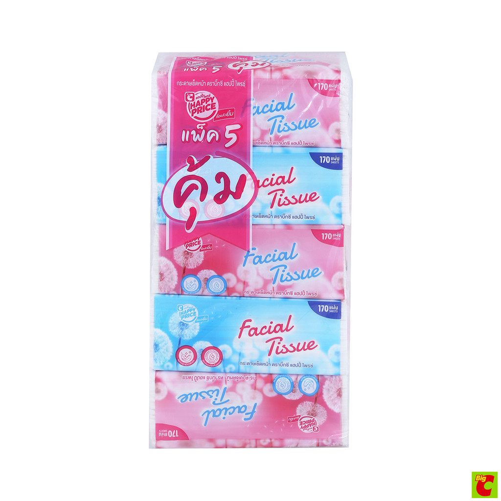 บิ๊กซี แฮปปี้ ไพรซ์ กระดาษเช็ดหน้าซอฟท์แพ็ค 170 แผ่น แพ็ค 5