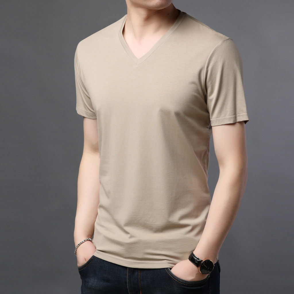 เสื้อยืดแขนสั้นผู้ชาย คอวี ผ้าไหมน้ำแข็งสีทึบ ระบายอากาศได้ดี สำหรับฤดูร้อน