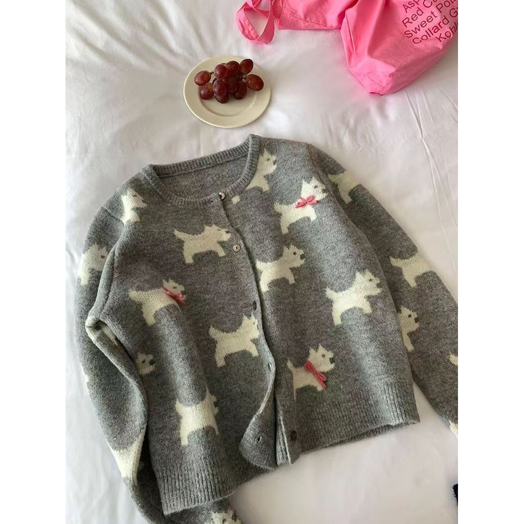 Bowknot Puppy น่ารักสามมิติ Jacquard รอบคอ เสื้อกันหนาวผู้หญิงสำหรับฤดูใบไม้ผลิ สเวตเตอร์ถักแบบหวานๆ