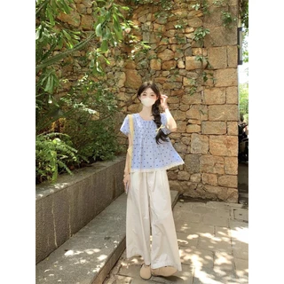 mimi&didi#เสื้อเชิ้ตแขนสั้นพิมพ์ลายหัวใจสไตล์หวานสำหรับผู้หญิง ในช่วงฤดูร้อนหลวมไซส์ใหญ่ด้านบนเย็บลูกไม้ น่ารักๆ#W646
