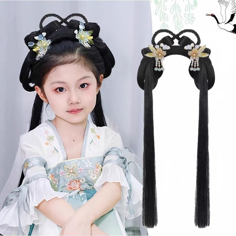 เด็ก Hanfu Headdress วิกผมยาว สไตล์จีน เครื่องประดับผมสำหรับคอสเพลย์และสวมใส่ทั่วไป