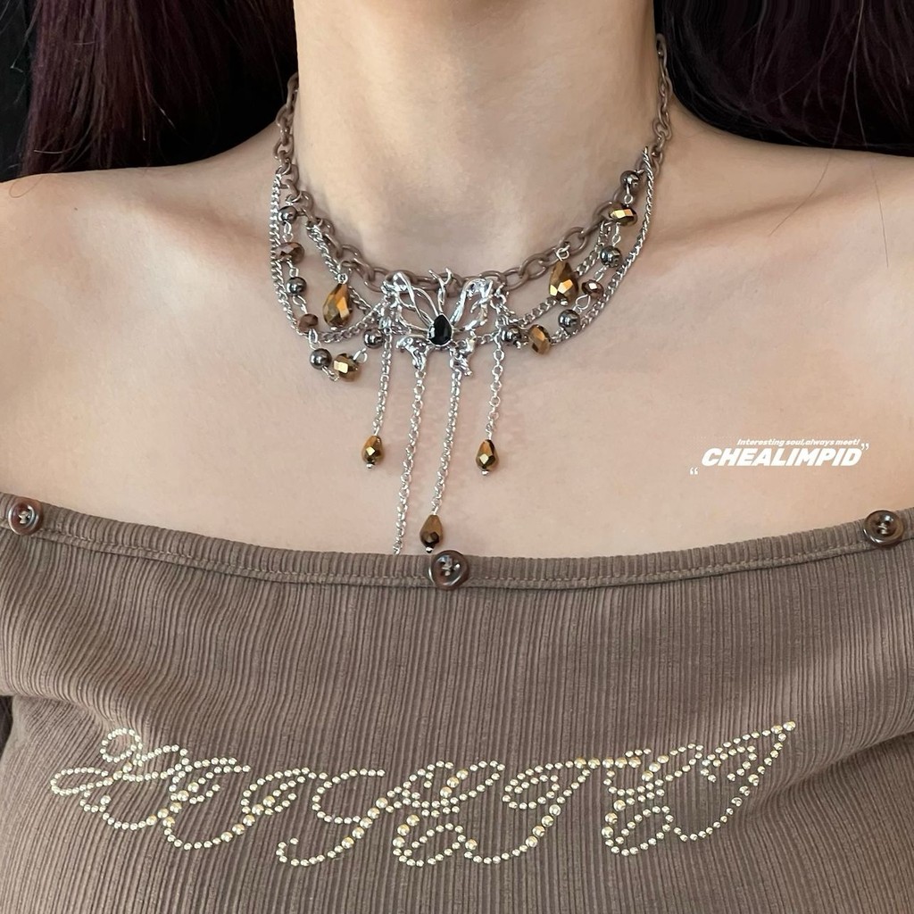 Baroque Butterfly Amber Multi-Layer พู่สร้อยคอสไตล์ Hot Girl Niche 9.4