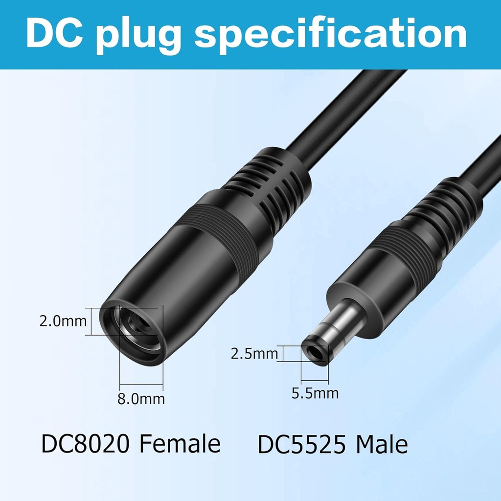 YAODHAOD DC 8mm Short Extension Cable, 14AWG DC 8020 Female to DC 5525 Male Connector Cable เข้ากันไ