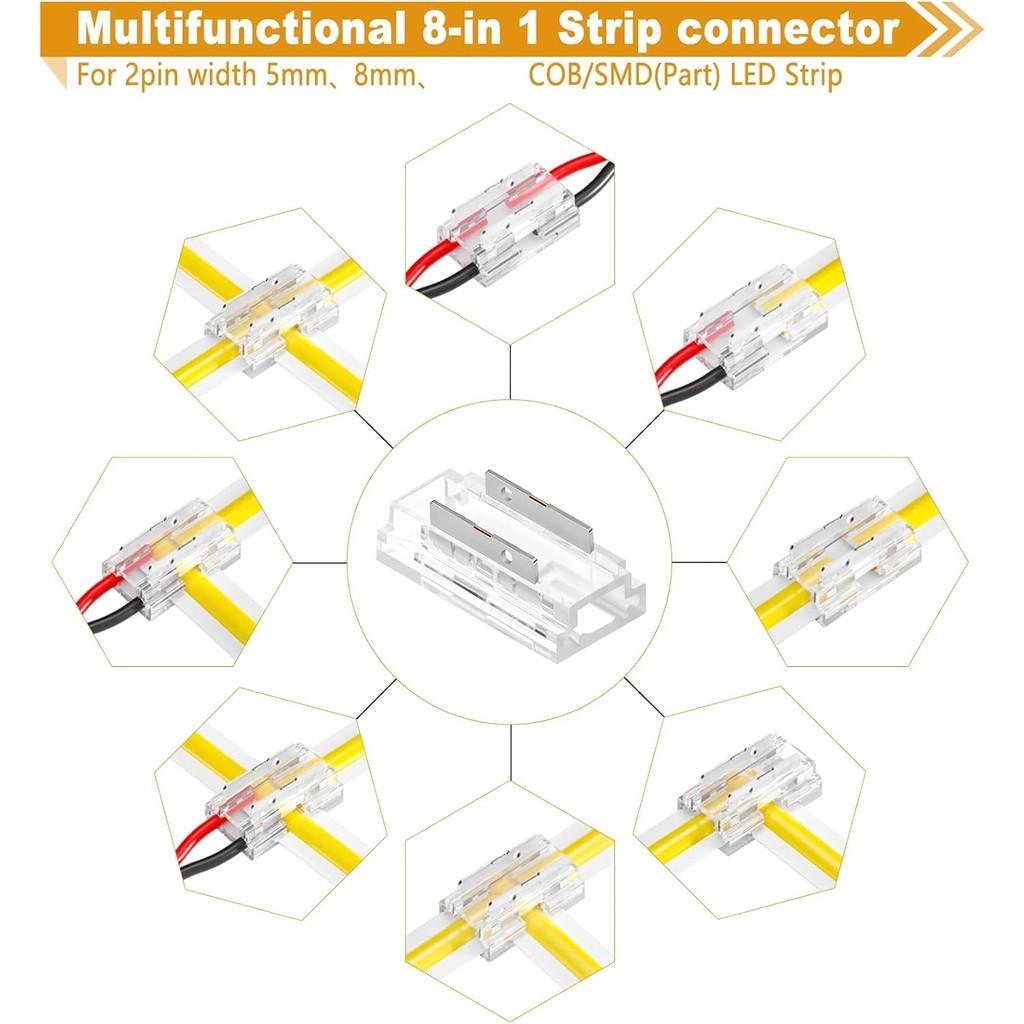 2Pin 5/8mm COB LED Strip Universal Connectors Kit, Incl. 16 ชิ้น X ประเภท 8-in-1 (ตรง, มุม, ลวดถึงแถ