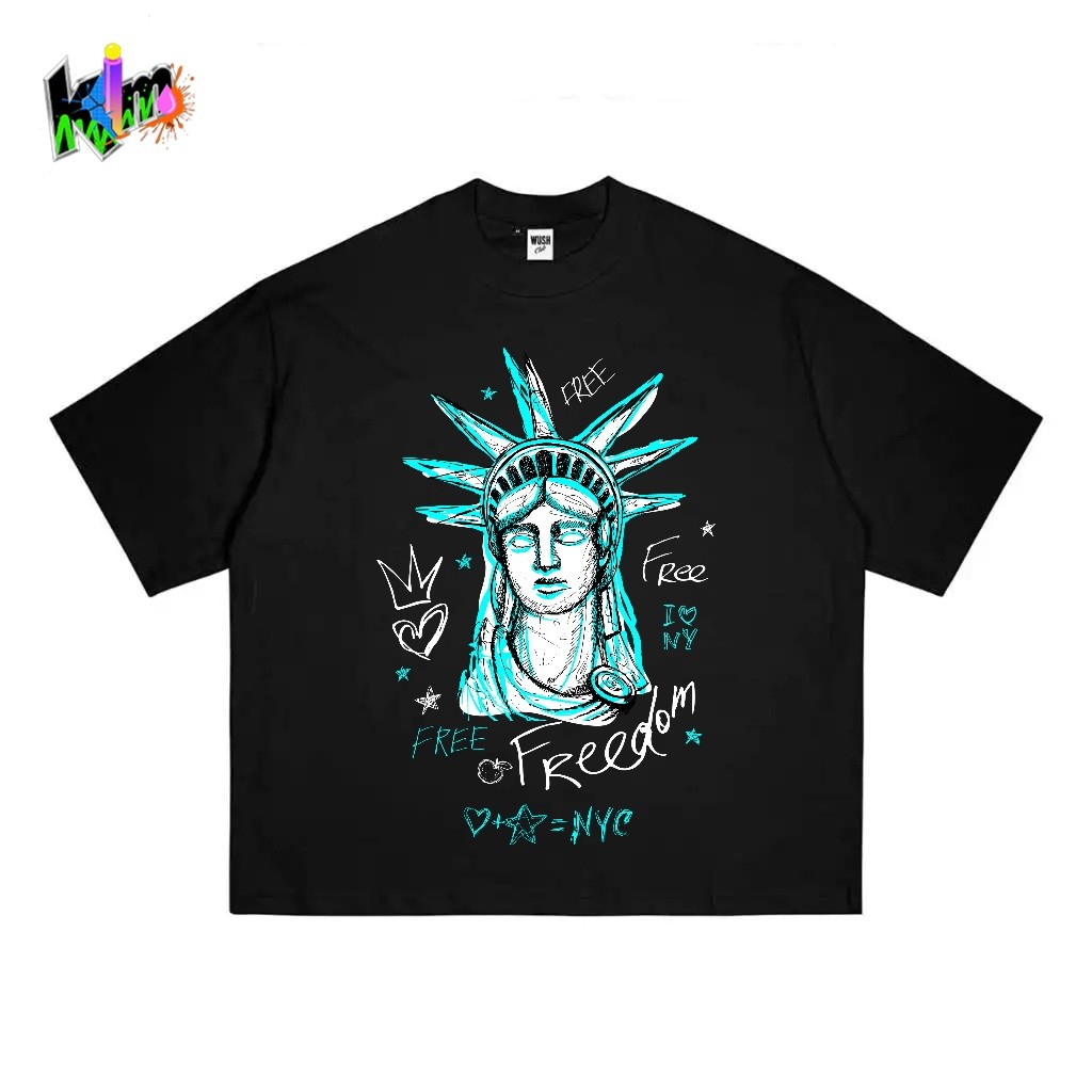 เสื้อยืดแขนสั้นสีดําพิมพ์ลายสไตล์กราฟฟิตี้ของรูปปั้น Goddess of Freedom "Free to Freedom"