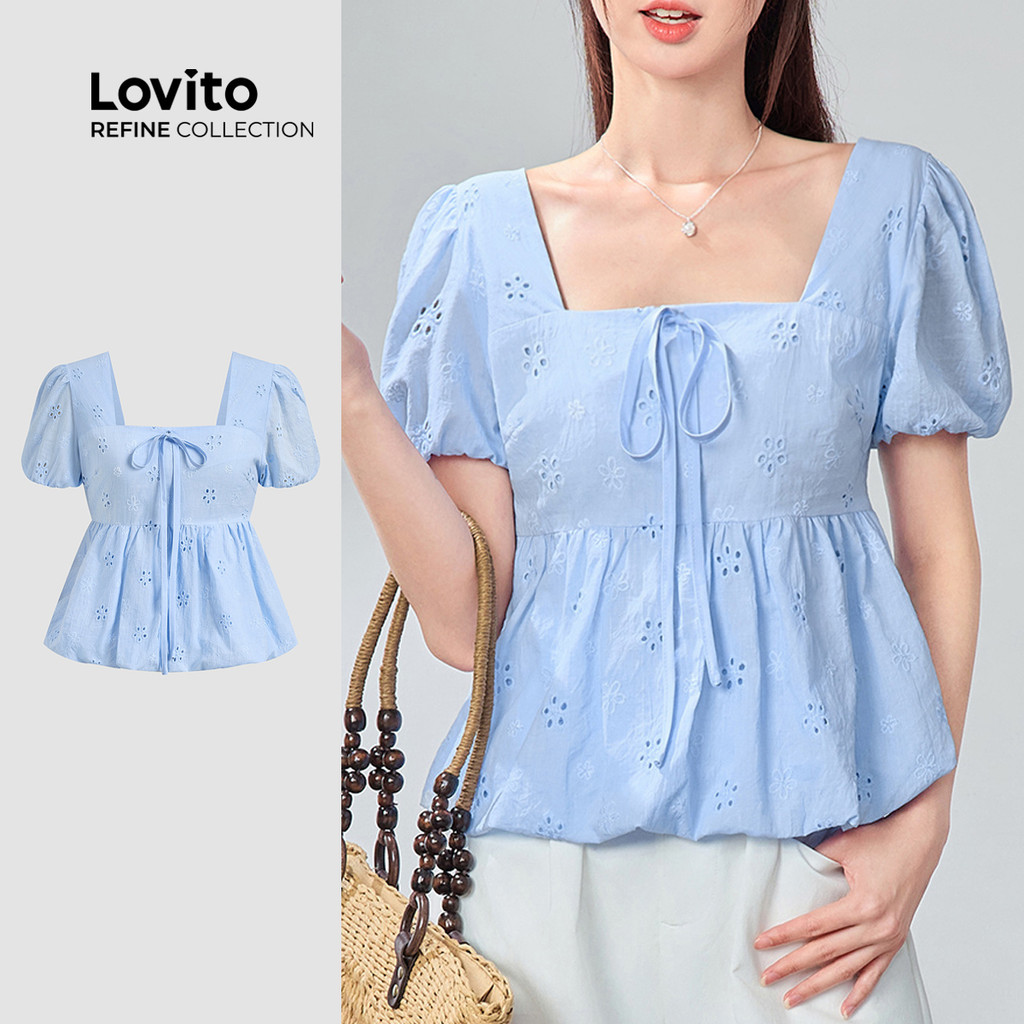 R11-JUN25-E-เสื้อแขนสั้นทรงบอลลูนคอเหลี่ยมชายกระโปรงบานสําหรับผู้หญิง-BLR11TD005