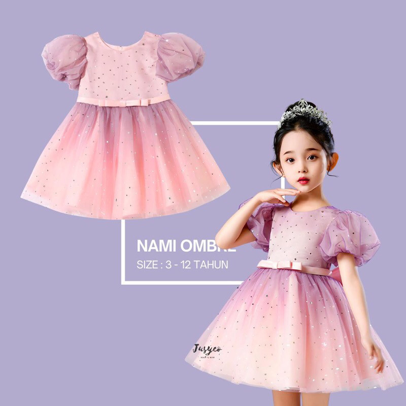 Nami Ombre Starry Dress/ เด็กผู้หญิงแขนสั้นสีชมพู Ombre Party Mini Dress