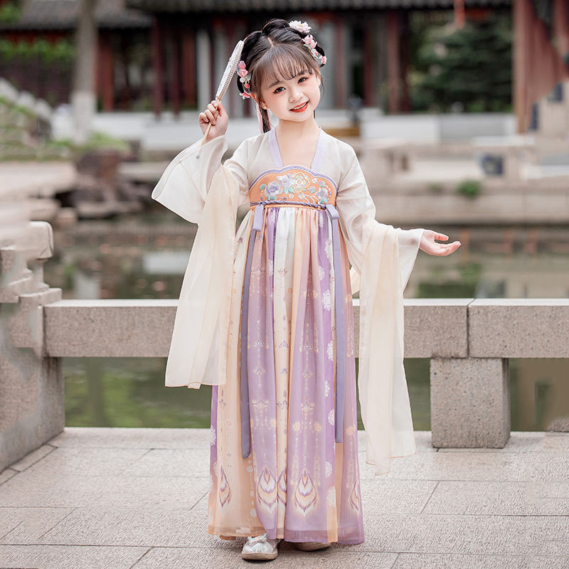 ชุดแต่งกายโบราณสไตล์ฮันฟูสำหรับเด็ก กระโปรงฤดูใบไม้ผลิและฤดูใบไม้ร่วง ออกแบบเหมือนชุดเจ้าหญิงสวยงามม